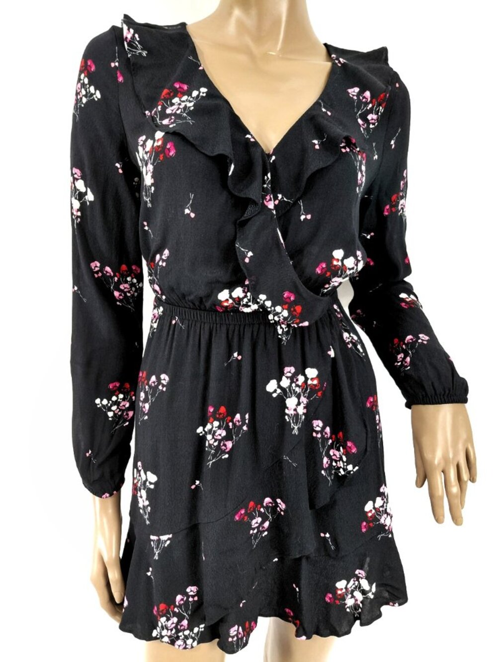 EXPRESS Dress LS Ruffle Edge Fold Over Skirt Floral Crepe S
